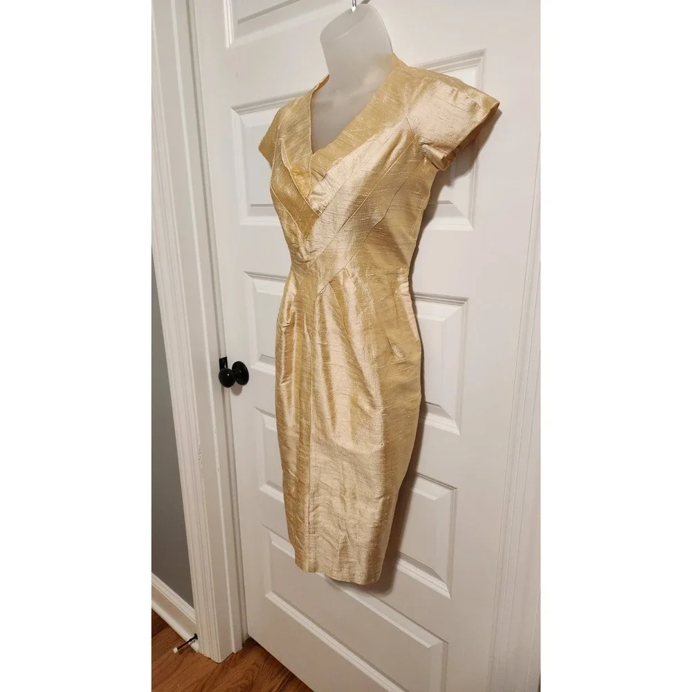 DONNA MORGAN Vintage 90s 100% Silk Gold Champagne Sheath Dress Size 4 Small
